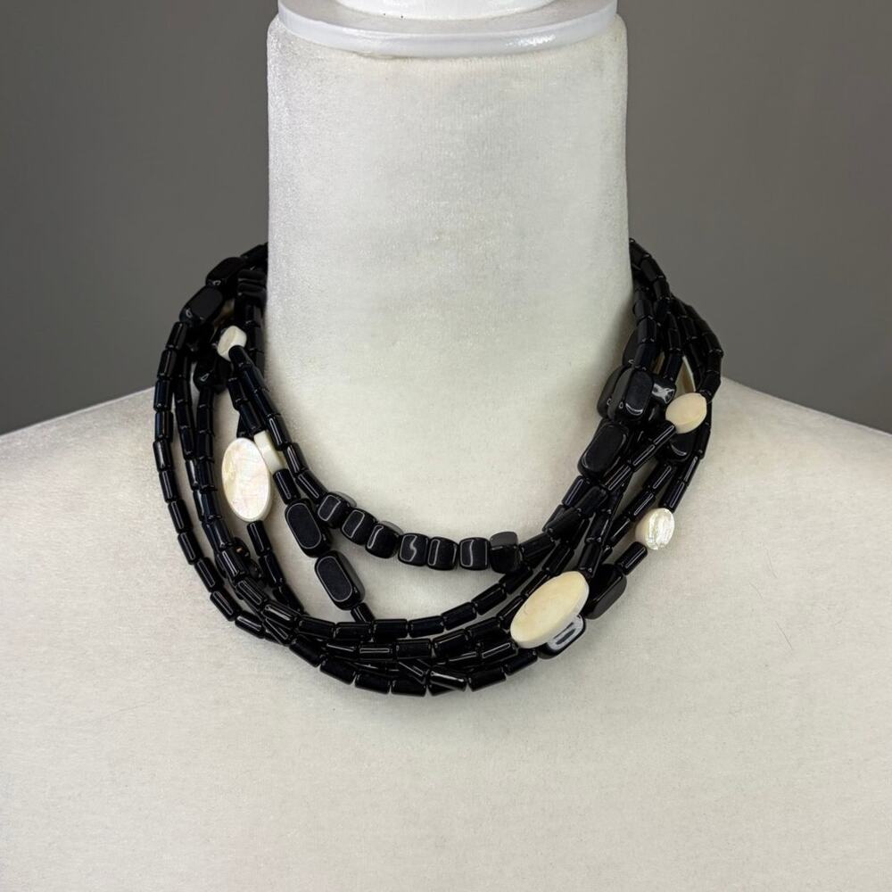 Chico's 6 Strand Beaded Chunky Statement Necklace Black/ Mother of Pearl Acrylic
